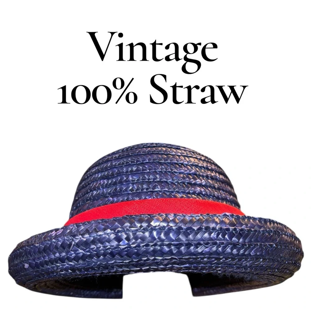 Vintage Navy Blue Straw Boater Hat Red Ribbon Band Retro Old Money Style Fedora